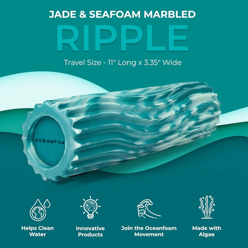 Oceanfoam Ripple Travel Foam Roller (11" x 3.35") Firm Mini Foam Roller for Physical Therapy, Deep Tissue Massage, Back Pain - High Density, Wave Textured - Yoga, Exercise (Jade & Seafoam Marbled) - Image 4